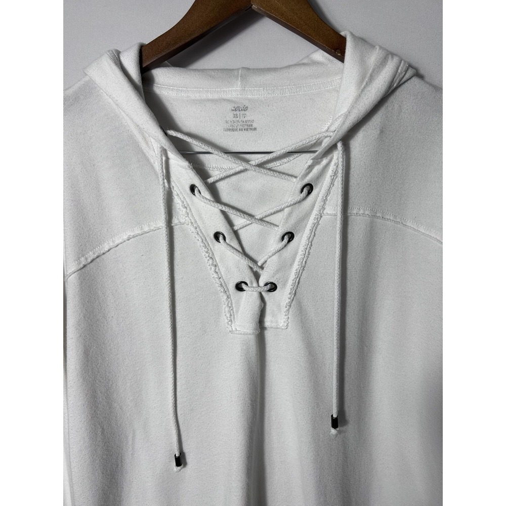 Aerie Hoodie Womens XS White Lace Up V-Neck Pullover Long Sleeve Relaxed Cotton - Picture 2 of 9